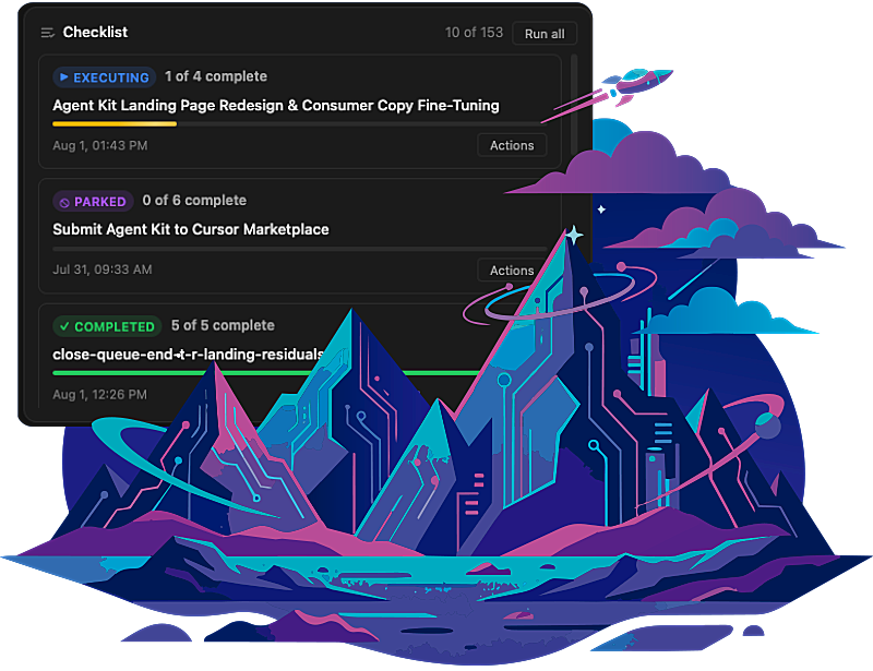 Checklist panel floating over a circuit mountain landscape